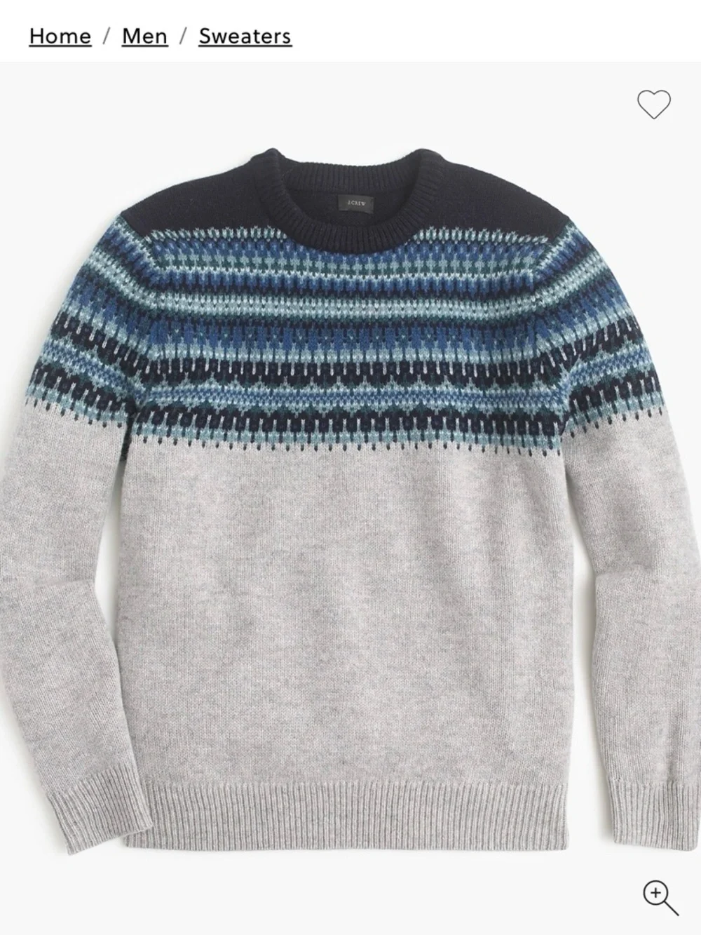 J. Crew Factory Gray Crewneck Lambswool Sweater with Blue Fair Isle Yoke